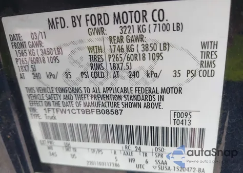 2011 Ford F-150 Xlt/Fx2/Lariat/King Ranch/Platinum from USA, damaged, VIN 1FTFW1CT9BFB08587